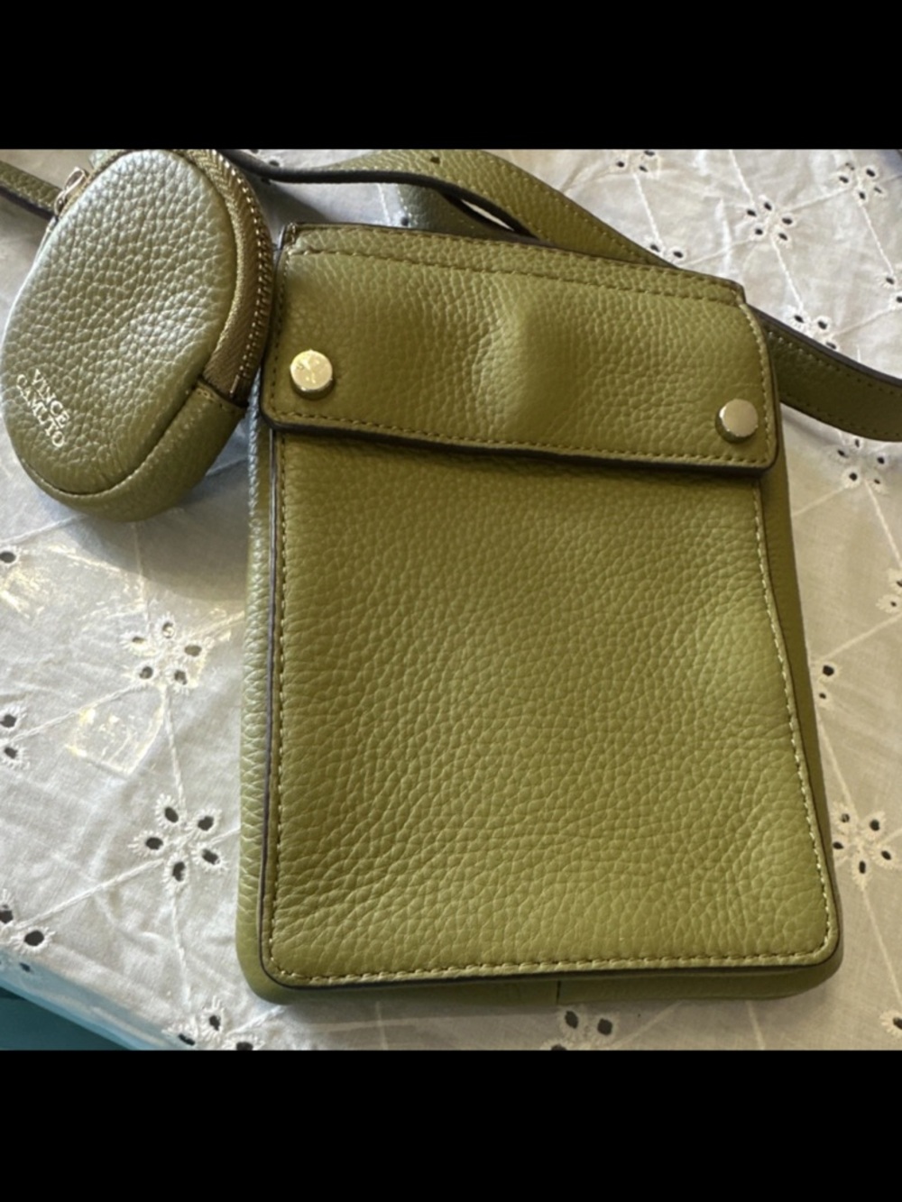 Vince Camuto Olive Green Pebble Leather Crossbody Pouch with Coin Case